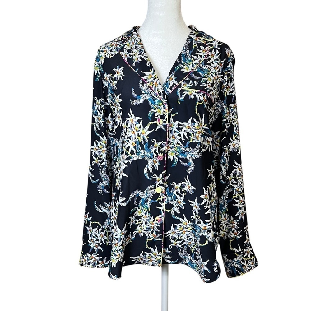 Cinq à Sept Floral Silk Button-Up Shirt Top Asian Pocket Collared Blouse Sz S - Picture 3 of 15